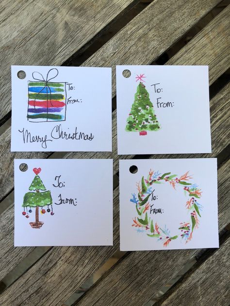 "Set of 12 watercolor Christmas gift tags. I paint the original watercolor then print onto linen cardstock.  Tags measure approximately 2 1/4 x 2 1/2\" Hole is punched to thread ribbon. Ribbon not included." Whimsical Christmas Watercolor, Watercolour Christmas Gift Tags, Christmas Watercolor Gift Tags, Christmas Gift Tags Diy Handmade, Painted Christmas Tags, Simple Watercolor Christmas Cards, Christmas Tag Ideas, Watercolor Christmas Tags, Painted Chickens