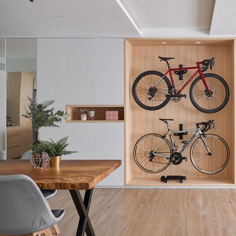 Bike Room Design, Bike Storage Design, Bike Storage Home, Bike Storage Room, Bike Storage Apartment, Bicycle Room, Bike Rack Wall, Range Velo, Singapore Interior Design