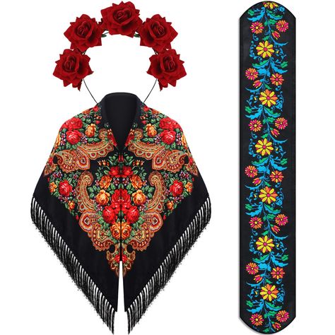 PRICES MAY VARY. Complete Traditional Mexican Accessory: the package will provide you with 1 piece of traditional Mexican shawl, 1 piece of Mexican belt and 1 piece of Mexican rose flower crown, good combinations to meet your styling requirements while adding an authentic Mexican touch to your attire; The floral patterns pay homage to traditional Mexican artistry, enriching your outfits with vivid colors and intricate designs Easy to Match and Suitable for Various Occasions: the bright colors an Mexican Themed Party Outfit, Mexican Theme Outfit, Mexican Fashion Traditional, Mexican Fiesta Party Outfit, Drawtober 2024, Mexican Theme Party Outfit, Traditional Mexican Clothing, Mexican Traditional Clothing, Mexican Belt