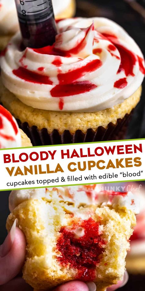 Halloween 21st Birthday Cake, Boozy Halloween Cupcakes, Vanilla Halloween Cupcakes, Halloween Cupcake Flavors, Horror Cupcakes, Edible Blood, Halloween Cupcake Recipes, Halloween Muffin, Halloween Cupcakes Ideas