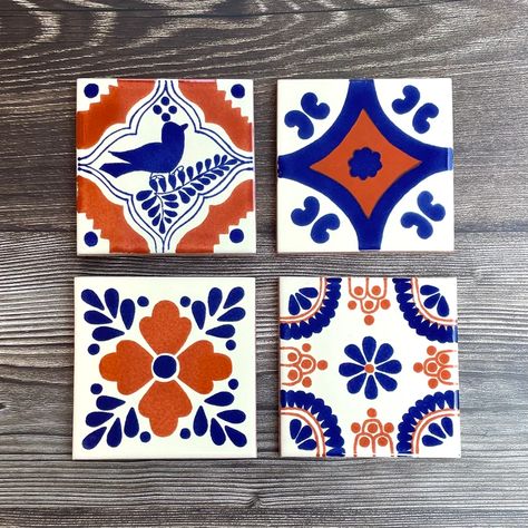 Mixed Set of 4 Mexican Tile Coasters - Etsy Painting On Tiles Ceramics Diy Coasters, Mexican Tile Painting, Mexican Tile Black And White, Mexican Tile Coasters, Mexican Talavera Tile, Posca Marker, Coaster Art, Ceramic Tile Coaster, Mexican Tile