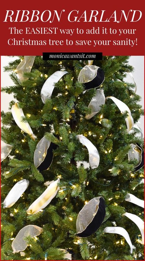 DIY Tutorial: How to EASILY add ribbon garland to a Christmas tree. | #christmasdecor #christmasdecorationideas #christmascrafts #christmasdecorations #christmasdecorationsDIY #christmasdecorating #holidaydecor #holidayseason #holidaydecorations #holidaycrafts #ornaments #xmastreedecorations #christmastreedecoration #christmastreedecorideas #christmastreeornaments #christmastreeideas Christmas Tree Ribbon Topper, Christmas Tree Ribbon Garland, Ribbon On A Christmas Tree, Christmas Tree Decorating Tips, Christmas Tree Decorations Ribbon, Christmas Tree Ribbon, Ribbon Tree, Tree Ribbon, Ribbon Garland