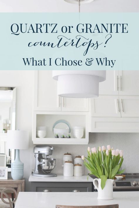 Quartz vs Granite Counters: Why I Chose Quartz Quartz Vs Granite Countertops, White Cottage Kitchens, White Cottage Kitchen, Quartz Vs Granite, Caesarstone Quartz Countertops, Concrete Countertops White Cabinets, White Kitchen Countertops, Concrete Countertops Colors, Pretty Home Decor