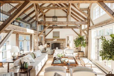 Love those windows and all the natural light--you can find me in the loft if you need me... source: Architectural Digest Brick Exterior House, Led Ceiling Fan, Pole Barn Homes, Wooden Beams, Barn House Plans, Home Upgrades, A Living Room, Farmhouse Living, Design Case