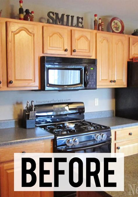 Change the entire look of your kitchen with this easy DIY! #kitchenupdate #kitchenDIY Backsplash Kitchen Small Space, Affordable Kitchen Makeover, Medium Size Kitchen Remodel, East Kitchen Updates, Backsplash Before And After, Shelf Above Cabinets Kitchen, Galvanized Kitchen Ideas, 90s Kitchen Renovation, Builder Grade Cabinet Updates