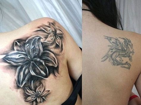 Shoulder Cover Up Tattoos, Cover Up Tattoos Before And After, Tattoo Covering, Tattoo Lily, Cover Up Tattoo Ideas, Up Tattoo Ideas, Flower Cover Up Tattoos, Tatuaje Cover Up, Satanic Tattoos