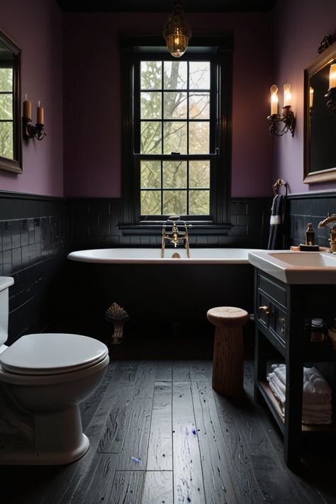 Goth Home Color Palette, Purple Tile Bathroom Ideas, Vintage Purple Bathroom, Moody Bathroom Aesthetic, Dark Mauve Bathroom, Dark Plum Bathroom, Dark Plum Walls, Plum Colored Bathroom, Goth Home Paint Colors