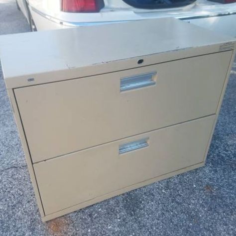 I wish I had taken more pictures of this “lateral file cabinets turned kitchen cabinets” project but I was so skeptical of the results that I neglected the camera.   I had two of these file cabinets in the garage for a few years and was about to load them into the trailer for the dump when it occurred to me they might fit perfectly in my kitchen.  #kitchenideas #kitchendecor #repurpose #recycle #reuse #upcycle #filecabinets #metal #homedecor #homedecorideas | sponsored Filing Cabinet Kitchen Cabinets, File Cabinet Kitchen Cabinets, Repurpose Filing Cabinet Ideas, Lateral File Cabinet Makeover Metal, Lateral File Cabinet Makeover, Cabinet Refresh, Diy File Cabinet, Butcher Block Tables, File Cabinet Makeover