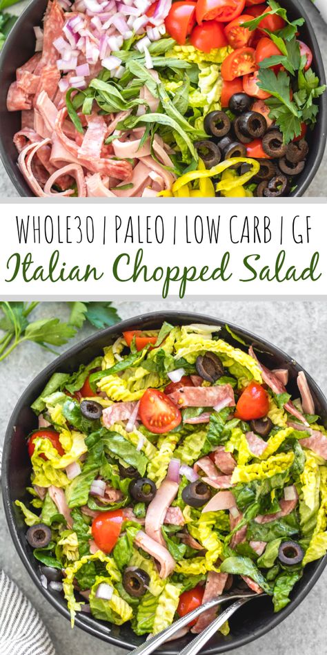 This easy Italian chopped salad is the perfect meal for lunch or dinner that requires no cooking, but is filling, healthy and loaded with vegetables! It's great for a light and fresh lunch, and still delicious enough to serve to guests. It's Whole30, paleo, keto/low carb, and gluten-free, and is a great way to clean all of those vegetables and deli meat out of the fridge! #whole30salad #whole30choppedsalad #ketosalad #lowcarbsalad #italiansalad #whole30recipes Filling Low Carb Dinners, Whole 30 Dinner Casseroles, Whole30 Greek Salad, Whole 30 Dinner Ideas Easy, Whole 30 No List, Defined Dish Whole 30 Recipes, Whole 30 Fruit Recipes, Easy Low Carb Salad Recipes, Cold Whole 30 Lunch Ideas