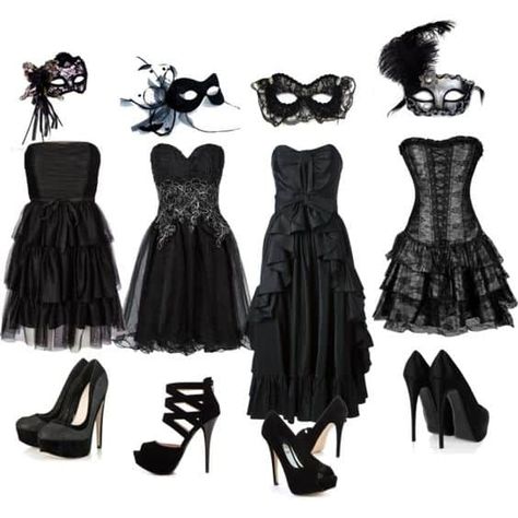 Black Masquerade Masks and Costumes For any Halloween Party Masquerade Ball Black Dress, Black Dress Masquerade Outfit, Masquerade Plus Size Outfit, Black Mascarade Dress, Masquerade Outfit Ideas Homecoming, 20s Masquerade Party Outfit, Black Masquerade Dress Short, Masquerade Ball Costumes Halloween, Masquerade Outfit Ideas Short Dress