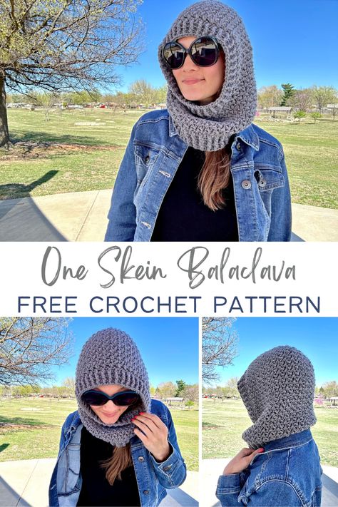 Looking for a winter accessory that's both practical and stylish? Try crocheting your own balaclava with this one skein balaclava crochet pattern! With just one skein of worsted weight yarn and a size J/6 mm crochet hook, you can create a cozy and unique accessory that offers warmth around the face and neck. This easy and free pattern features an all-in-one design that eliminates the need for separate beanies and scarves or cowls, making it the perfect accessory for any outdoor adventure. Hooded Cowl Crochet Pattern, Hooded Cowl Pattern, Crochet Hooded Cowl, Crochet Snood, One Skein Crochet, Crochet Hooded Scarf, Crochet Hood, Foundation Single Crochet, Crochet Winter