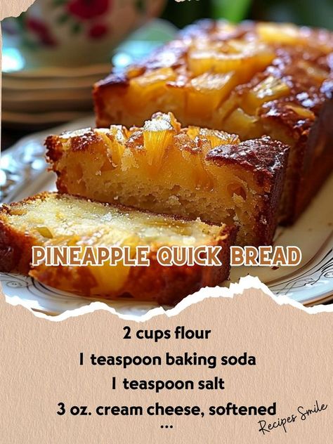 Recipes Smile - "Pineapple Quick Bread BREAD: 2 cups flour... Pineapple Loaf Bread, Pineapple Quick Bread Recipes, Pineapple Bread Recipe Easy, Pineapple Loaf, Pineapple Bread Recipe, Muffin Basket, Pineapple Quick Bread, Hummingbird Bread Recipe, Pineapple Bread Pudding