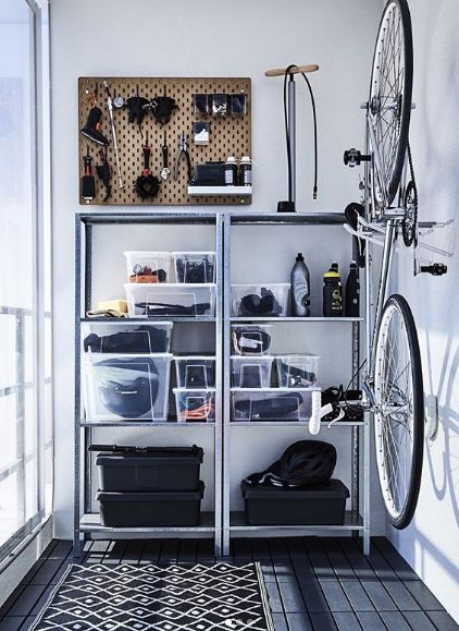 Creating a hobby corner? Stack #SAMLA boxes filled with tools and gadgets on the #HYLLIS shelving unit ($19.90), and hang your bike using #SKRÄLL hooks ($2.90/ea) on the wall. Smaller items? Within reach on the #SKADIS pegboard ($34.90). #ThriftyGoals #MakeHomeCount Indoor Balcony, Bicycle Storage, Basement Storage, Outdoor Storage Cabinet, Multipurpose Furniture, Small Balcony Ideas, Tiny Bedroom, Bike Storage, Wall Racks