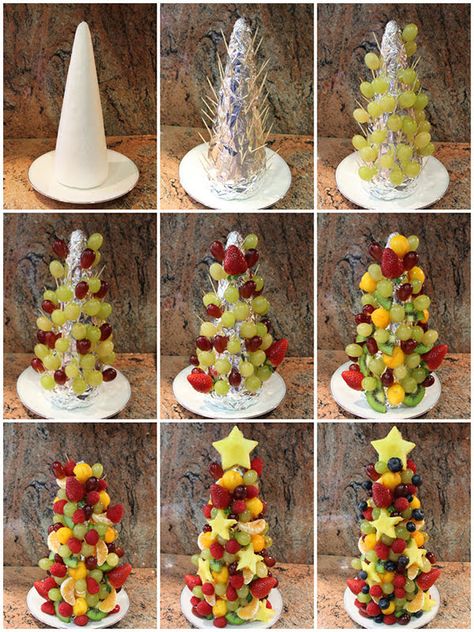 Christmas Party Fruit Ideas, Fruit Tree Christmas, Christmas Fruit Tree, Edible Fruit Arrangements, Fruit Christmas Tree, Kek Lapis, Decorações Com Comidas, Party Food Buffet, Christmas Fruit