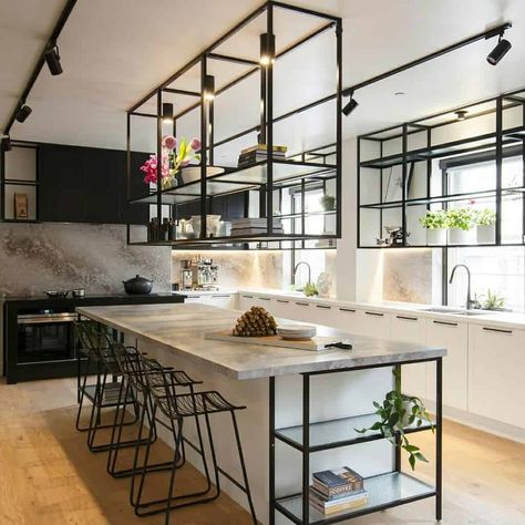 Metal Shelves Kitchen, Metal Kitchen Shelves, Small Kitchen Shelf, Hanging Shelf Kitchen, Mission Style Kitchens, Floating Shelves Ideas, Kitchen Shelving, Kitchen Island Bench, Floating Shelves Kitchen