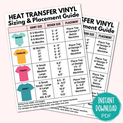 This Heat Transfer Vinyl Size and Placement Guide is a must-have tool when making HTV and iron-on decals for t-shirts, hoodies, onesies, and more! Achieve professional results with our easy-to-use Heat Transfer Vinyl Sizing and Placement Guide. Designed for precision, this reusable guide ensures your Heat Transfer Vinyl designs are perfectly sized and aligned every time. HOW IT WORKS Purchase ~> Download ~> Print! WHAT YOU GET - You will receive a digital file that measure 8.5x11. - Printable ca Vinyl Decal Sizes For Shirts, Vinyl Size Chart For Shirts, Heat Transfer Vinyl Temperature Guide, Htv Tshirt Care Cards, Vinyl Shirt Size Chart, Htv Sizing For Shirts, Vinyl Placement On Shirts, Decal Sizes For Shirts, Htv Placement On Shirts