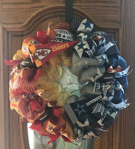 House Divided football deco mesh wreath - Kansas City Chiefs vs.   Dallas Cowboys Kansas City Chiefs Wreath, House Divided Wreath Football, House Divided Football, Eagle Wreath, House Divided Wreath, Football Wreath, House Divided, Cowboys Football, Mesh Wreath