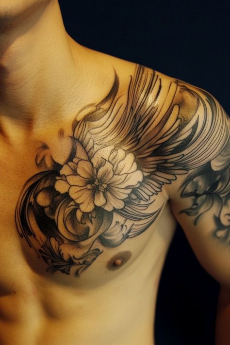 A man with an intricate flower and wing tattoo on his chest. Men Full Chest Tattoo, Flower Chest Tattoo Men, Full Chest Tattoo Men Ideas Unique, One Side Chest Tattoo Men, Chest And Shoulder Tattoo, Male Chest Tattoos, Masculine Symbols, Chest Tattoo With Meaning, Chest Tattoo Men Ideas