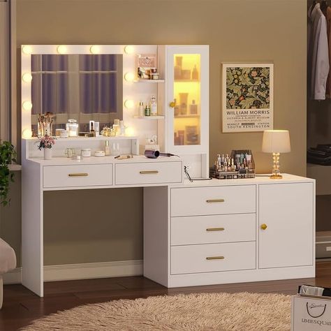 Makeup Vanity Desk Light Bulbs & RGB Cabinets Drawers Storage Shelves - On Sale - Bed Bath & Beyond - 39945924 Makeup Table With Lights, Makeup Vanity With Lights, Vanity With Lights, Modern Vanity Table, Vanity Desk With Mirror, Desk With Mirror, Makeup Vanity Lighting, White Makeup Vanity, Desk Vanity