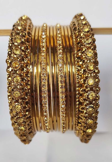 Golden Bangles Design, Golden Bangles, Metal Bangles, Wedding Jewelry Sets Bridal Jewellery, Bangles Set, Utsav Fashion, Bangle Designs, Stone Studs, Bridal Jewellery