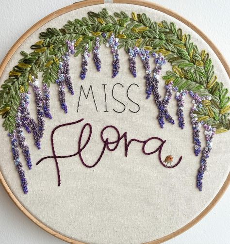 7 shades of purple for this wisteria order 💜 How sweet is that tiny little robin! #floralembroidery #wisteria #handembroidery #keepsakes #handmadegifts #embroidered #robin #dmcthread Wisteria Embroidery Design, Embroidered Wisteria, Wisteria Embroidery, Embroidered Robin, Purple Wisteria, Embroidery Stitches Tutorial, February 13, Dmc Thread, Embroidery And Stitching