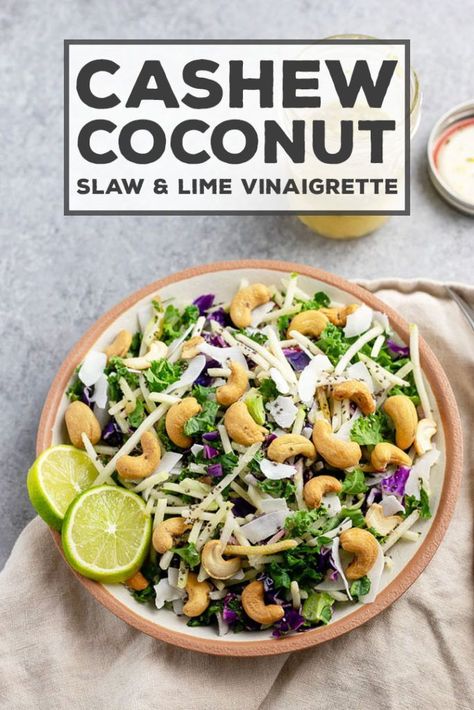 This cashew coconut slaw with a tangy cilantro-lime vinaigrette is fancy and fast! Proof that quick, easy sides can also be exciting. It has a great crunch and goes perfectly with chili, grilled chicken, or fish! #slaw #sidedish #salad #veggiesmadeeasy #ad Slaw Vinaigrette, Fish Slaw, Coconut Slaw, Quick Easy Sides, Coconut Salad, Quick Easy Side Dishes, Cilantro Lime Vinaigrette, Cilantro Lime Slaw, Rainbow Salad