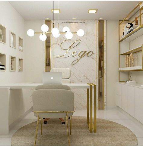 White And Gold Nail Salon Decor, Personal Office Interior Design, White Office Design, Doctor Office Design, Studio Medico, Small Office Design Interior, Esthetician Room Decor, Esthetics Room, Small Office Design