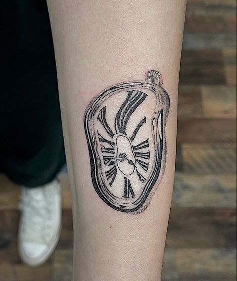 Time Illusion Tattoo, Distorted Clock Tattoo, Dali Watch Tattoo, Wavy Clock Tattoo, Salvador Dali Melting Clock Tattoo, Salvatore Dali Tattoo, Trippy Clock Tattoo, Warped Clock Tattoo, Running Out Of Time Tattoos