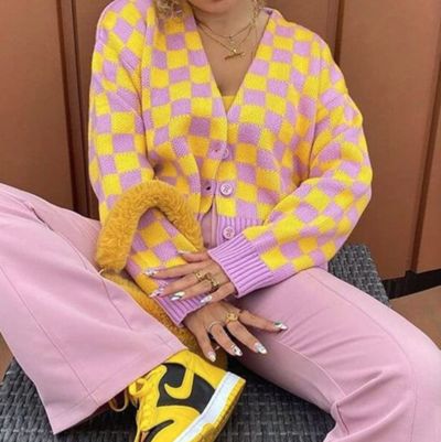 PINK AND YELLOW CHECKERBOARD CARDIGAN from SO FUN MART Pink And Yellow Fashion, Yellow Color Blocking Outfit, Fun Colourful Outfits, Fun Cardigan Outfit, Colourful Winter Fashion, Cute Colorful Outfits Summer, Bright Fun Outfits, Plus Size Funky Outfits, Colorful Style Aesthetic