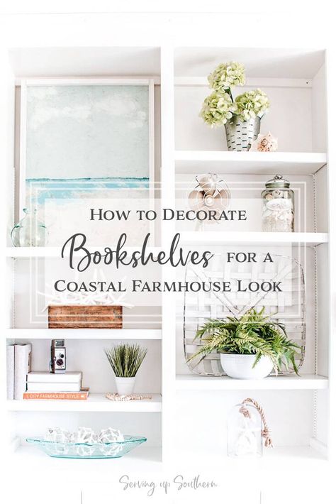 Coastal Shelves, Farmhouse Condo, Coastal Office Decor, Dream Bookshelves, Style Bookshelves, Modern Coastal Farmhouse, Sunset House, Styling Bookshelves, Coastal Farmhouse Decor