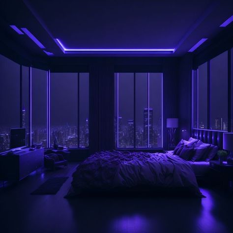 Dark Penthouse Bedroom, Dark Led Bedroom, Luxury Rooms Bedroom Black, Dark Led Room, Purple And Black House, Dark Led Room Aesthetic, Led Penthouse, Modern Penthouse Bedroom, Penthouse Bedroom Aesthetic