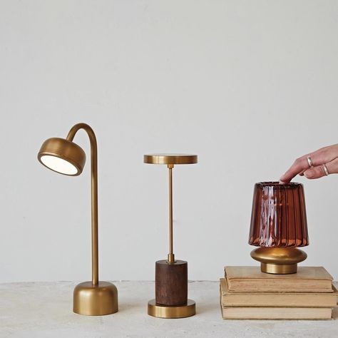 Add warmth and charm to any room with our Amber LED Lamp. Featuring a touch sensor, USB Type C, and long-lasting LED light, this lamp is both practical and beautiful. With a vintage design and 9-hour battery life, it’s a cozy and rustic accessory for any space. Rustic Accessories, Studio Lamp, Colored Led Lights, Antique Brass Metal, Mini Lamp, Brass Table, Led Table, Led Table Lamp, Lighting Sale