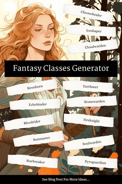 Our Fantasy Classes Generator is here to jumpstart your imagination. This clever tool goes beyond the typical fighter-mage-rogue trio. Story Inspiration Fantasy, Fantasy Book Name Generator, Fantasy Jobs Ideas, Fantasy Oc Generator, Fantasy Book Ideas To Write, Fantasy Lore Ideas, Fantasy Terms, Fantasy Title Ideas, Fantasy Jobs List