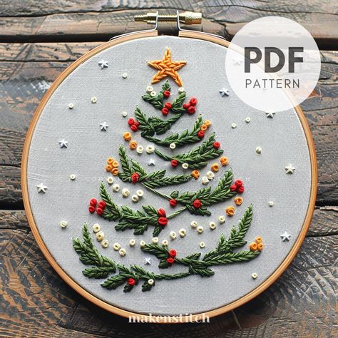 Festive Christmas Tree Hand Embroidery Pattern, Christmas Embroidery Pattern, Winter Embroidery Design, Winter Craft, Embroidery Pattern PDF Four Seasons Embroidery, Christmas Tree Embroidery Patterns, Winter Embroidery Patterns, Christmas Tree Hand Embroidery, Tree Hand Embroidery, Christmas Tree Embroidery Design, Embroidery Guide, Craft Embroidery, Christmas Tree Embroidery