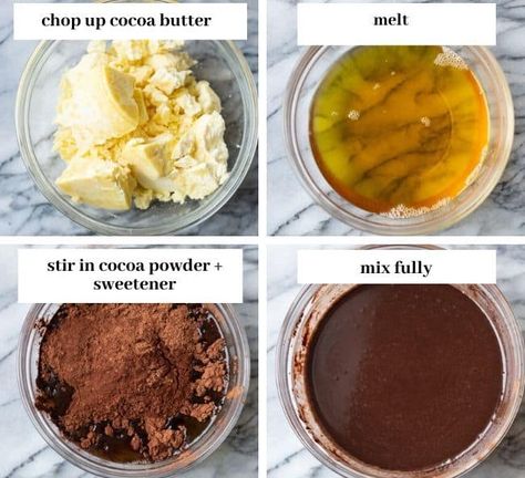 Learn how easy it is to make homemade chocolate with only 3 essential ingredients needed: cocoa butter, cocoa powder and a sweetener of your choice. You can easily make this chocolate vegan, low carb and paleo friendly by choosing the right sweetener for you! #glutenfree #chocolaterecipe #veganchocolate #chocolate #darkchocolate #glutenfreechocolate Cocoa Butter Chocolate Recipe, Cocoa Butter Chocolate, Make Chocolate From Cocoa Powder, How To Make Chocolate From Cocoa Powder, How To Make Chocolate With Cocoa Powder, Chocolate From Cocoa Powder, Cacao Butter Recipes, Cocoa Butter Recipes, Cocoa Powder Recipes