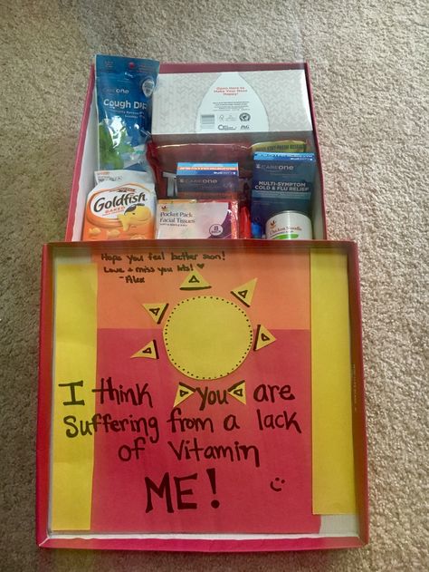 Sick kit I made for my boyfriend! Favorite snacks, soup, day/night meds, tissues, hand sanitizer and chapstick! Sending it to him this week ☺️ Get Better Soon Gifts For Him, Sick Kit For Boyfriend, Gift For Sick Boyfriend, Sick Basket For Girlfriend, Sick Gift Basket For Him, Sick Care Package For Boyfriend, Sick Basket For Boyfriend, Sick Basket, Cheer Up Basket