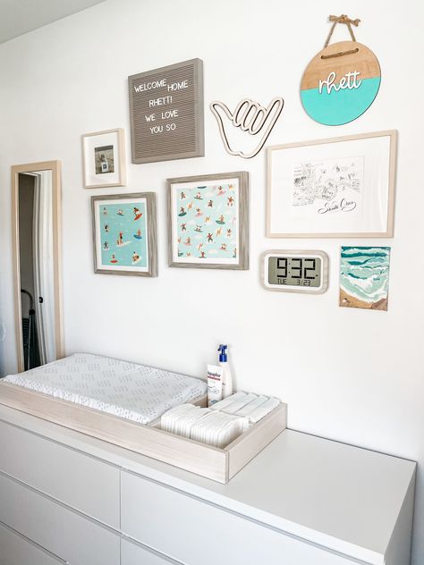 Ocean Baby Rooms, Surfer Nursery, Kids Gallery Wall, Surf Nursery, Surf Room, Gallery Wall Nursery, Quality Wallpaper, Nursery Room Design, Baby Room Inspiration