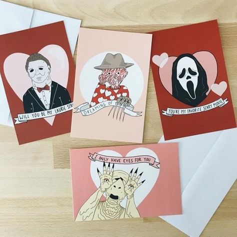 The Spooky Vegan: 13 Horror Valentine's Day Cards For Your Spooky Sweetie Spooky Cards For Boyfriend, Canvas Valentines Day Ideas, Spooky Gift Ideas, Cute Halloween Cards For Boyfriend, Valentines Cards Aesthetic, Horror Valentines Cards, Spooky Cards, Spooky Valentines, Halloween Cards Diy