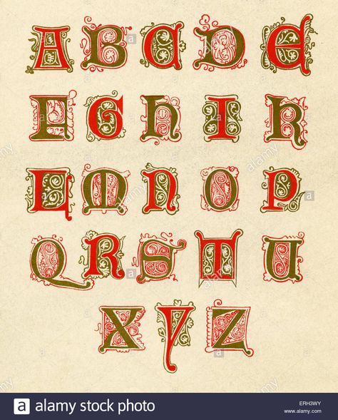 Download this stock image: Fifteenth century illuminated alphabet. Red and gold. (1886 source). - ERH3WY from Alamy's library of millions of high resolution stock photos, illustrations and vectors. Illuminated Alphabet, Alphabet Letters Images, Royal Family Portrait, Illustrated Manuscript, Gothic Pattern, Medieval Books, Medieval Manuscript, Illuminated Letters, Decorative Letters