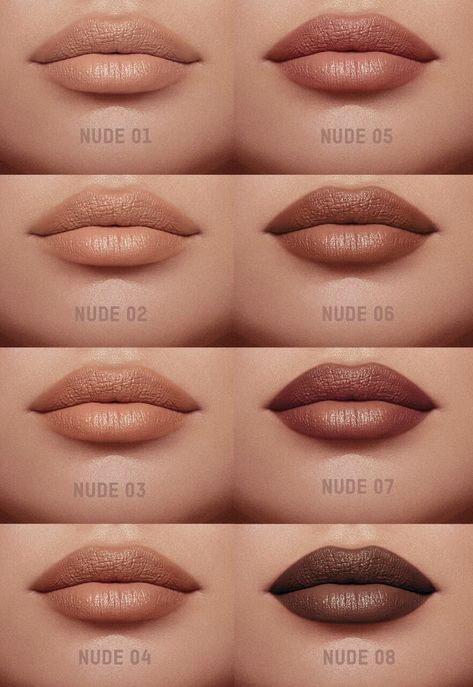 KKW Beauty 8 Nude Lipsticks  KKWBEAUTY.COM Lipstick On Brown Skin, Matte Make Up, Nude Lipstick Shades, Lipstick Tattoos, Lipstick For Fair Skin, Lipstick Kit, Beautiful Lipstick, Batons Matte, Dark Lipstick