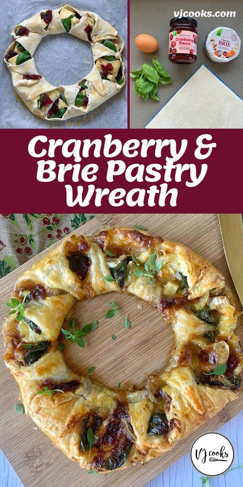 An impressive flaky pastry wreath filled with slices of brie, tangy cranberry sauce and fresh basil. This incredibly tasty dish is an absolute winner to share for Christmas nibbles but actually is so well-received at any time of the year. if you want to mix things up in the filling, go right ahead! If you head to my website you'll see some great alternative ideas. #vjcooks #pastrywreath #Christmasnibbles #brieandcranberry Cranberry Brie Appetizer Crescent, Cranberry Brie Christmas Wreath, Brie And Cranberry Pastry Wreath, Brie Cranberry Wreath Appetizer, Christmas Wreath Edible, Cranberry Brie Pastry Wreath, Brie Cranberry Wreath, Cranberry And Brie Wreath, Thanksgiving Baked Brie In Puff Pastry