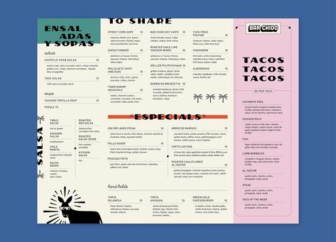 Mexican Restaurant Menu Design, Mexican Restaurant Menu, Menu Design Restaurant, Modern Mexican Restaurant, Restaurant Brand Identity, Tacos Menu, Menu Design Layout, Bubble Tee, Menu Sans Gluten