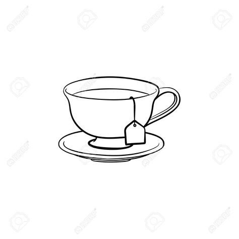 Tea Cup With Tea Bag Drawing, Drawings Of Tea Cups, Teacup Outline Tattoo, Cuppa Tea Tattoo, A Cup Of Tea Drawing, Simple Teacup Drawing, Tea Cup With Tea Bag Tattoo, Mini Tea Cup Tattoo, Line Art Tea Cup