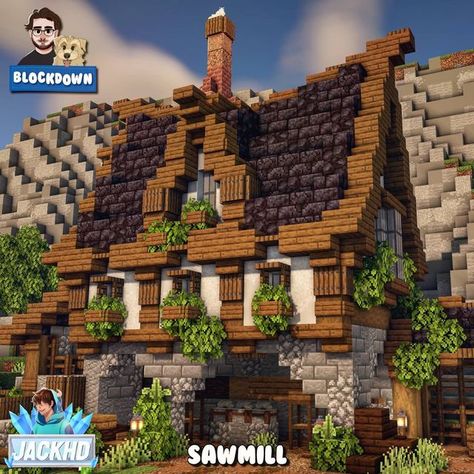 Minecraft Building Midevil, Cool Villager House Minecraft, Minecraft Sawmill Ideas, Minecraft Medieval Fantasy Builds, Minecraft Inn Interior, Medium Sized Minecraft Houses, Fwhip Minecraft Builds, Blockdown Builds, Minecraft Savannah Build