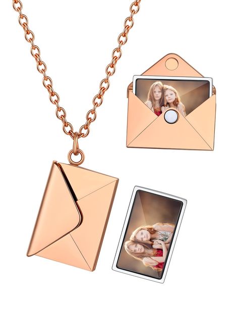 PRICES MAY VARY. 【Photo Envelope Locket Necklace Design】Keeping photos in envelopes is our common way, but have you ever tried to make pendants by putting photos in envelopes?Photos make every moment an eternity.Wearing this stunning secret love necklace as if your beloved is always beside you!Keep fond memories close at hand. 【How to Customize Photo Engraved Necklace】1-Click the "Customize Now" button;2-Upload the photo;3-Choose the font,fill in the content to be engraved;4-Add to cart. Then,we Envelope Necklace, Coquette Jewelry, Photo Envelope, Photo Locket Necklace, Everyday Gifts, Photo Pendant, Necklace Design, Family Friend, Photo Locket