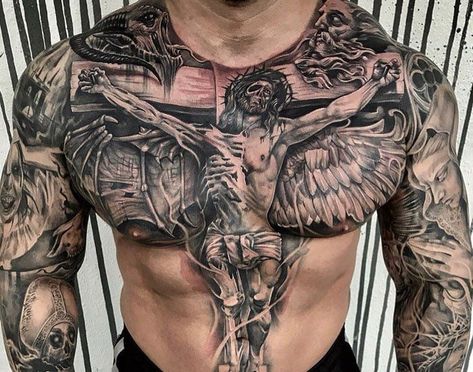 Chest Piece Tattoo, Christus Tattoo, Full Chest Tattoos, Small Wave Tattoo, Christ Tattoo, Torso Tattoos, Men Tattoos Arm Sleeve, Tattoo Prices, Cool Chest Tattoos