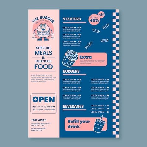 90s Menu Design, Cartoon Menu Design, Retro Menu Design Layout, Food Menu Graphic Design, Deli Menu Design, Illustration Menu Design, Menu Designs Ideas, Canva Retro Template, Restaurants Menu Design