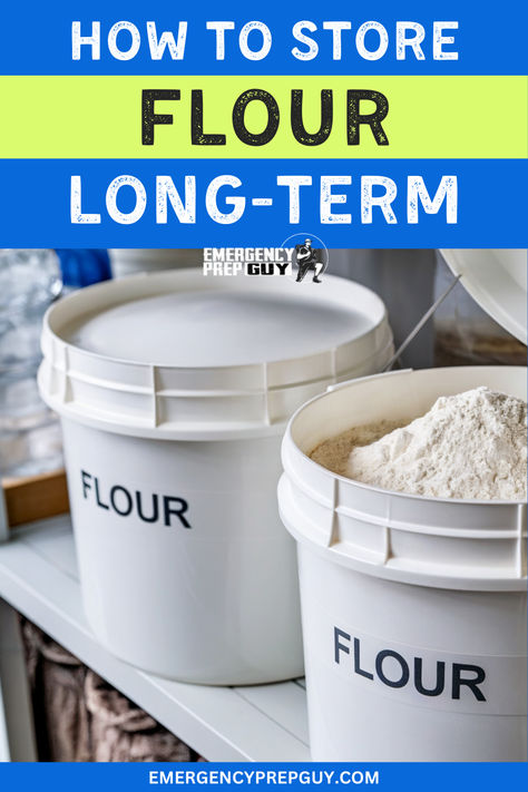 White storage buckets labeled 'Flour' in a pantry setting, emphasizing bulk storing flour, how to store flour, and long-term flour storage techniques for emergency preparedness. Long Term Storage Of Flour, Long Term Pantry Storage, Long Term Flour Storage, Foods For Long Term Storage, How To Store Pasta Long Term, Bulk Flour Storage Ideas, Long Term Food Storage Organization, Bulk Flour Storage, How To Store Food Long Term