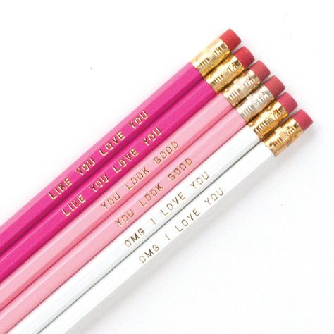 Our assorted pencil set has 2 each of 3 different pencil styles: You Look Good, Like You Love You, and OMG I Love You. DETAILS- wood #2 hexagon pencil- pink & white barrels, gold ferrule, and red eraser- gold foil imprints- unsharpened- set of 6 pencils- Packaged in cellophane- Printed in the USA© Graphic Anthology. All rights reserved.Like these pencils? Share them and follow us on Instagram or Pinterest!* Can be shipped plastic-free by request at checkout. Preppy Pencils, Pencil Aesthetic, Pencils For School, Cute Pencils, Middle School Supplies, School Wishlist, Feel Better Gifts, Pretty School Supplies, Cute Pink Nails