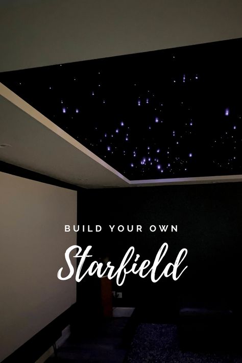 Starlight Bedroom Ideas, Led Lights Game Room Ceiling, Game Room Lighting Ideas Ceiling, Home Theater With Fireplace, New Home Technology, Tray Ceiling Design Ideas, Galaxy Ceiling Lights, Theater Room Ceiling Ideas, Home Theater Ceiling Design